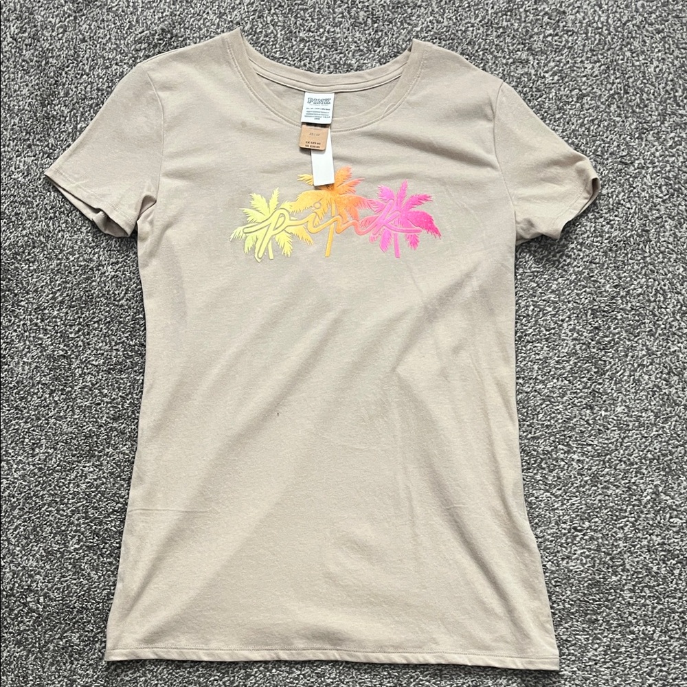 Victoria's Secret Tan Tee with Colorful Palm Design